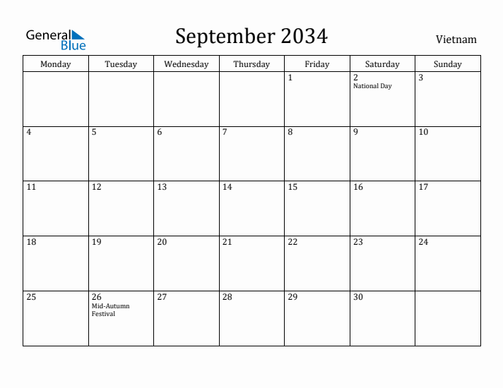 September 2034 Calendar Vietnam
