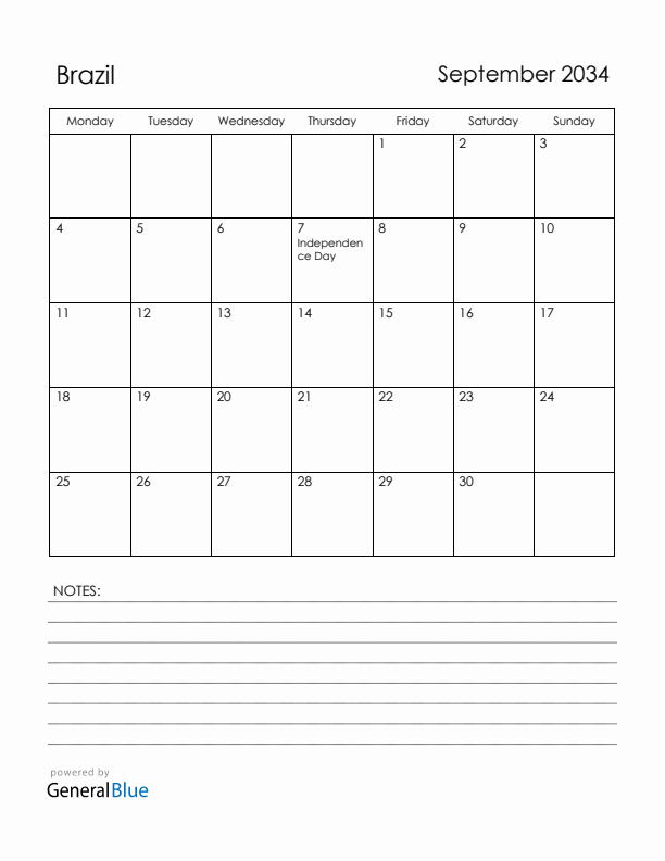 September 2034 Brazil Calendar with Holidays (Monday Start)