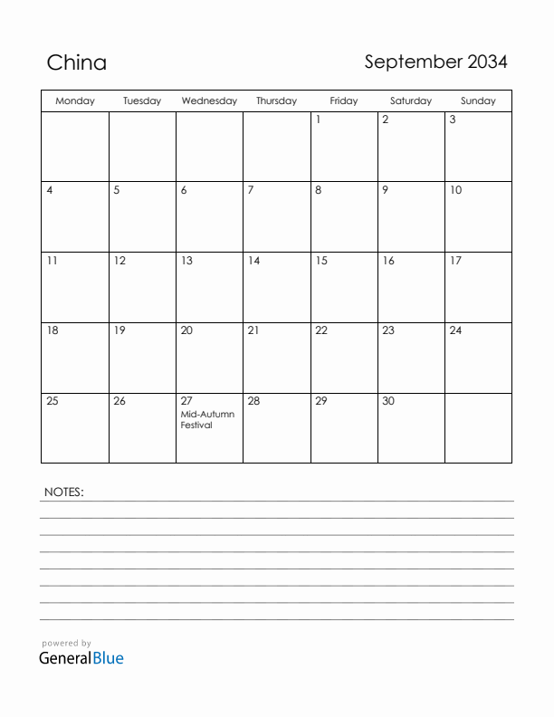 September 2034 China Calendar with Holidays (Monday Start)
