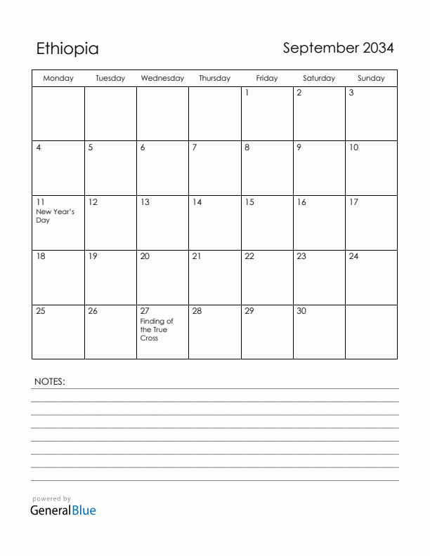 September 2034 Ethiopia Calendar with Holidays (Monday Start)