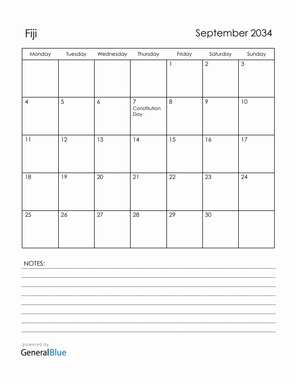 September 2034 Fiji Calendar with Holidays (Monday Start)