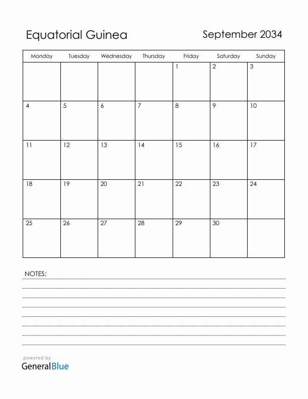 September 2034 Equatorial Guinea Calendar with Holidays (Monday Start)