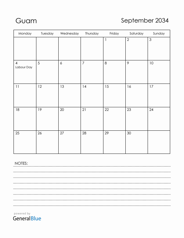September 2034 Guam Calendar with Holidays (Monday Start)