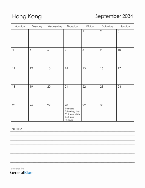 September 2034 Hong Kong Calendar with Holidays (Monday Start)