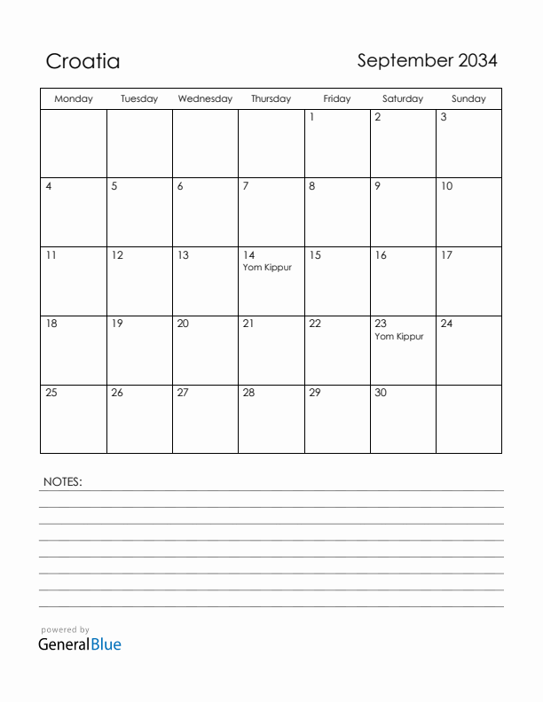 September 2034 Croatia Calendar with Holidays (Monday Start)