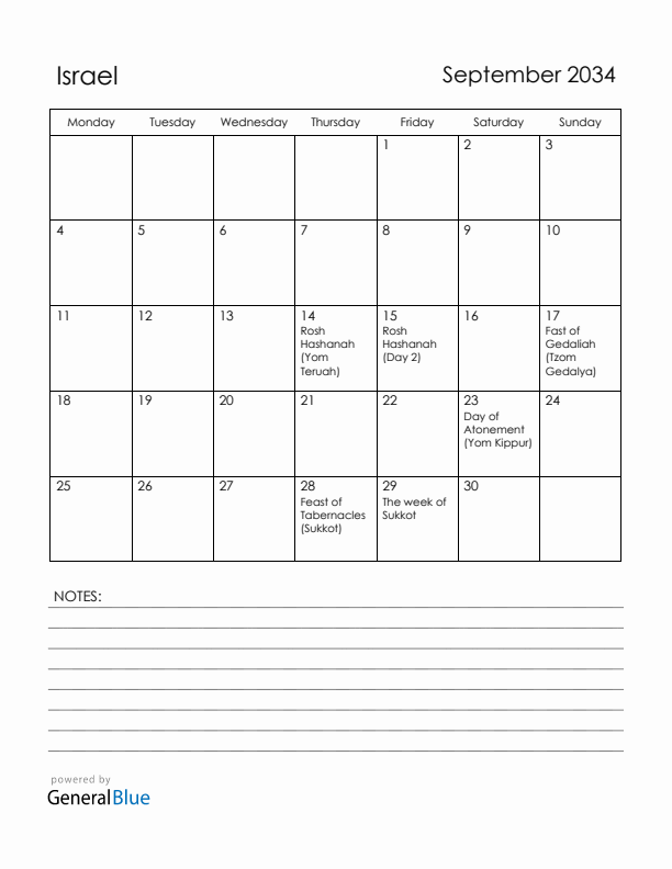 September 2034 Israel Calendar with Holidays (Monday Start)