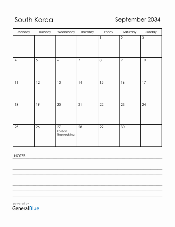 September 2034 South Korea Calendar with Holidays (Monday Start)