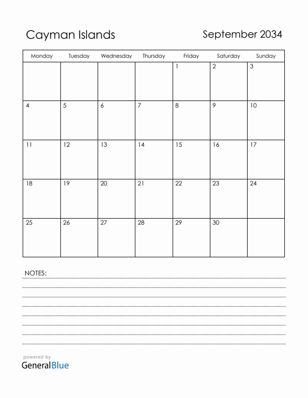 September 2034 Cayman Islands Calendar with Holidays (Monday Start)