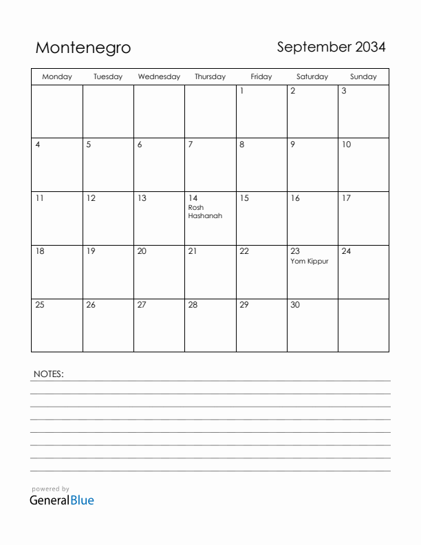 September 2034 Montenegro Calendar with Holidays (Monday Start)