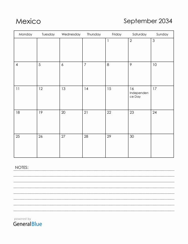 September 2034 Mexico Calendar with Holidays (Monday Start)