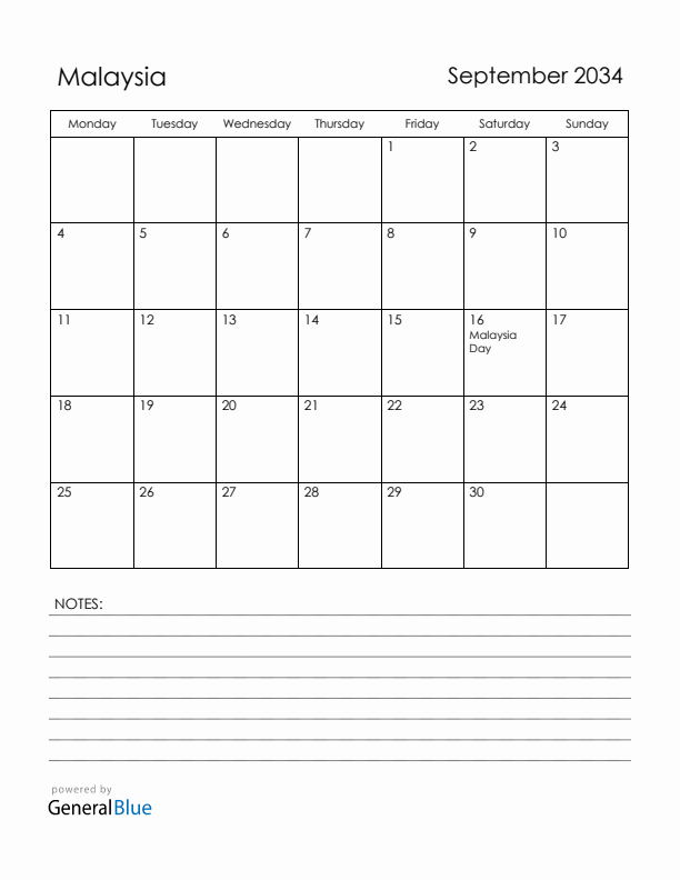 September 2034 Malaysia Calendar with Holidays (Monday Start)