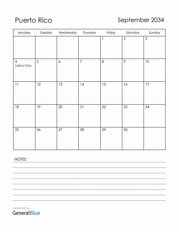 September 2034 Puerto Rico Calendar with Holidays (Monday Start)