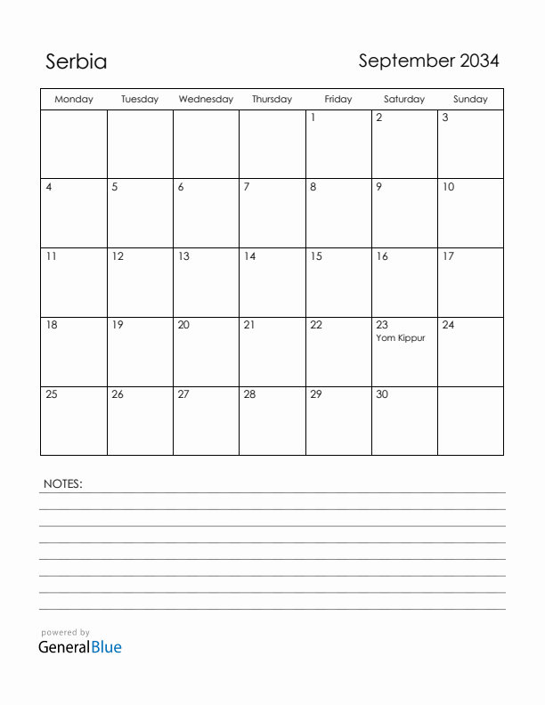 September 2034 Serbia Calendar with Holidays (Monday Start)