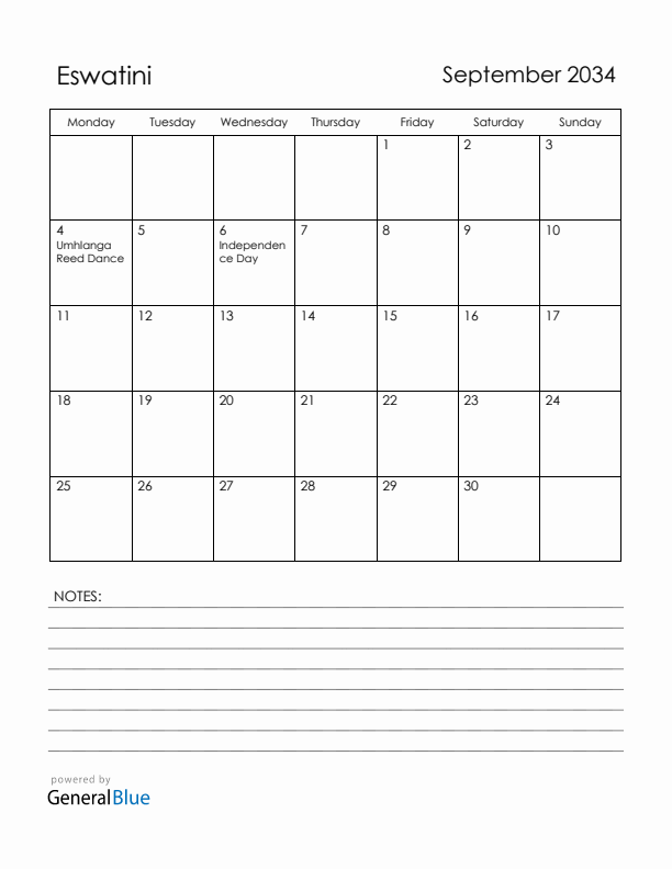 September 2034 Eswatini Calendar with Holidays (Monday Start)