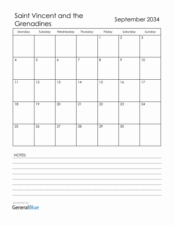 September 2034 Saint Vincent and the Grenadines Calendar with Holidays (Monday Start)