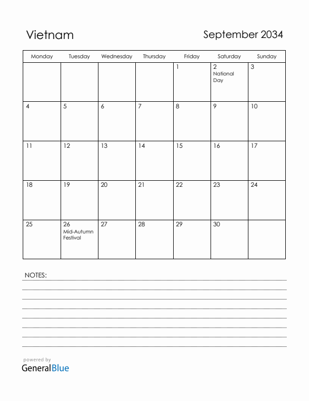 September 2034 Vietnam Calendar with Holidays (Monday Start)