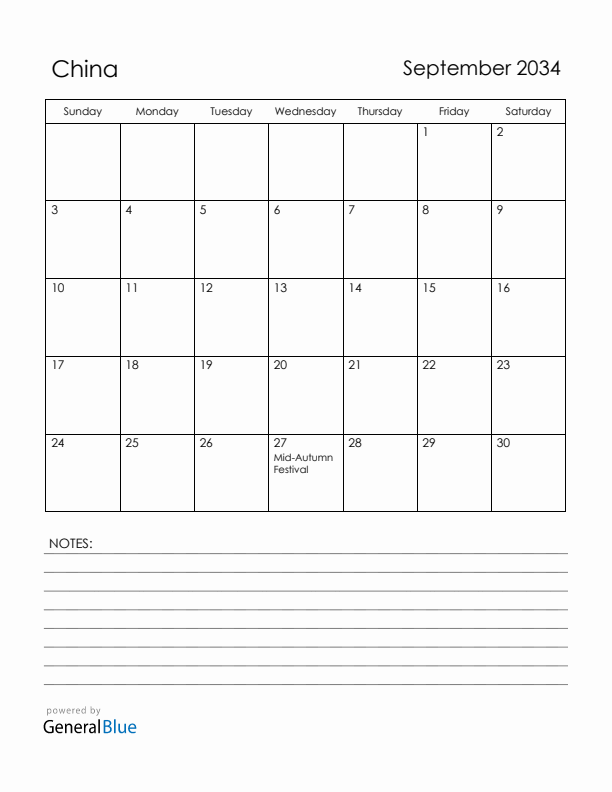 September 2034 China Calendar with Holidays (Sunday Start)