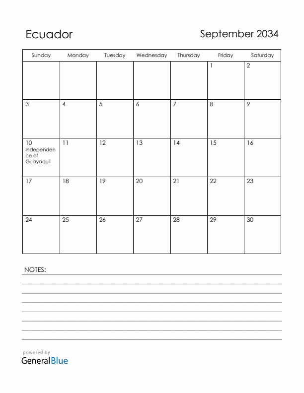 September 2034 Ecuador Calendar with Holidays (Sunday Start)