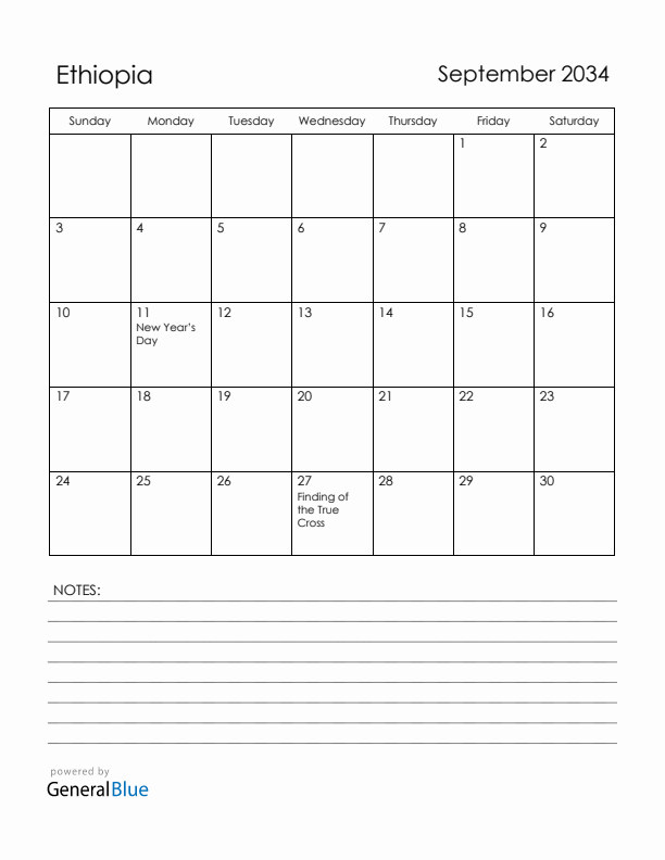 September 2034 Ethiopia Calendar with Holidays (Sunday Start)