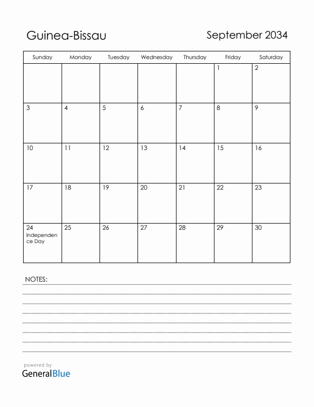 September 2034 Guinea-Bissau Calendar with Holidays (Sunday Start)