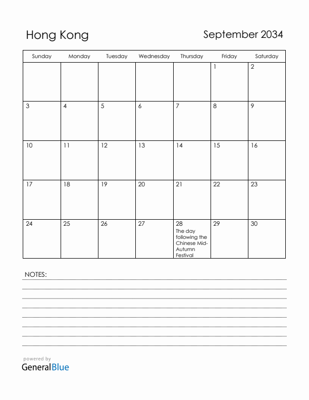September 2034 Hong Kong Calendar with Holidays (Sunday Start)