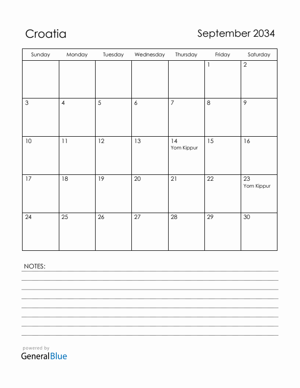 September 2034 Croatia Calendar with Holidays (Sunday Start)