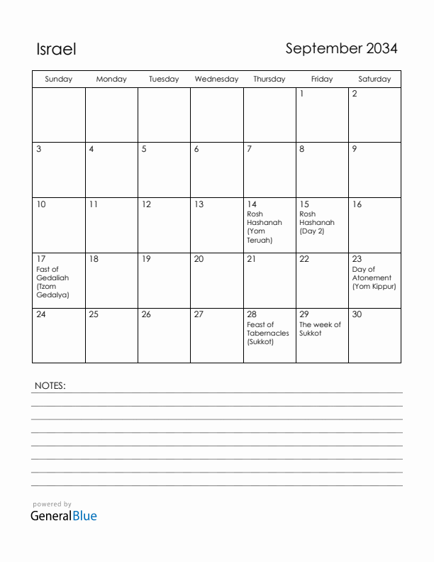 September 2034 Israel Calendar with Holidays (Sunday Start)