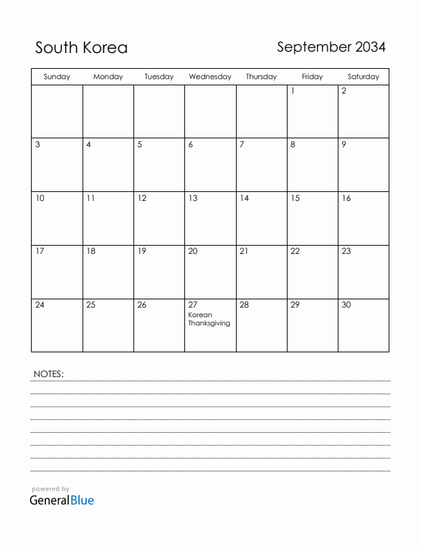 September 2034 South Korea Calendar with Holidays (Sunday Start)