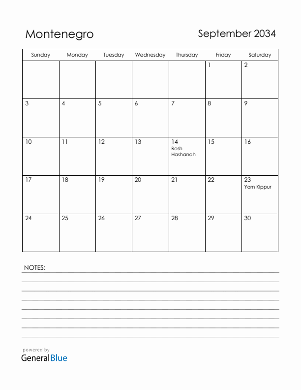 September 2034 Montenegro Calendar with Holidays (Sunday Start)