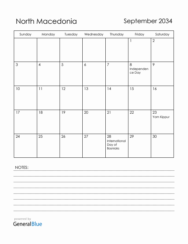 September 2034 North Macedonia Calendar with Holidays (Sunday Start)