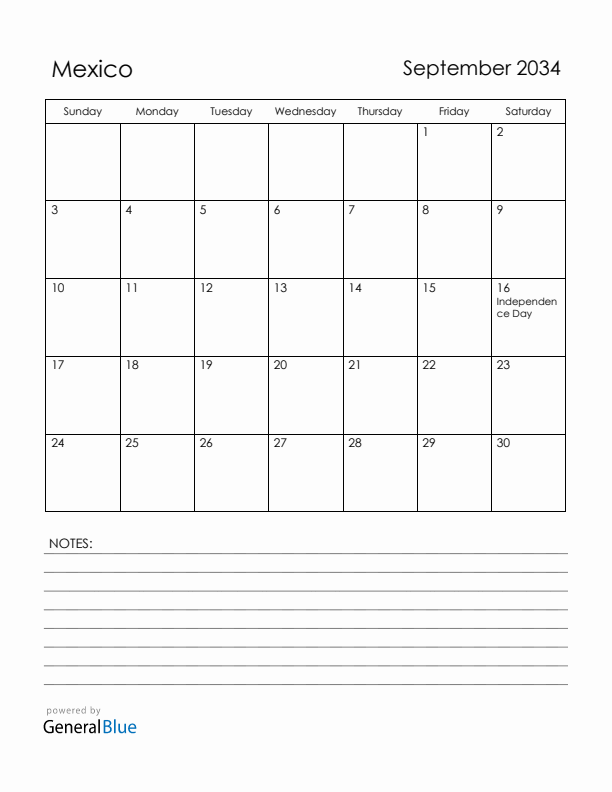 September 2034 Mexico Calendar with Holidays (Sunday Start)