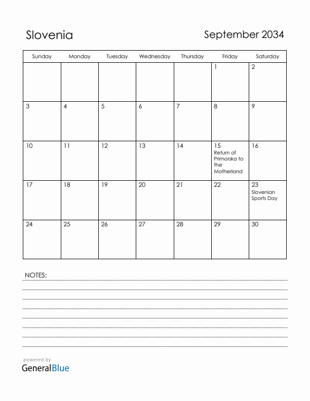 September 2034 Slovenia Calendar with Holidays (Sunday Start)