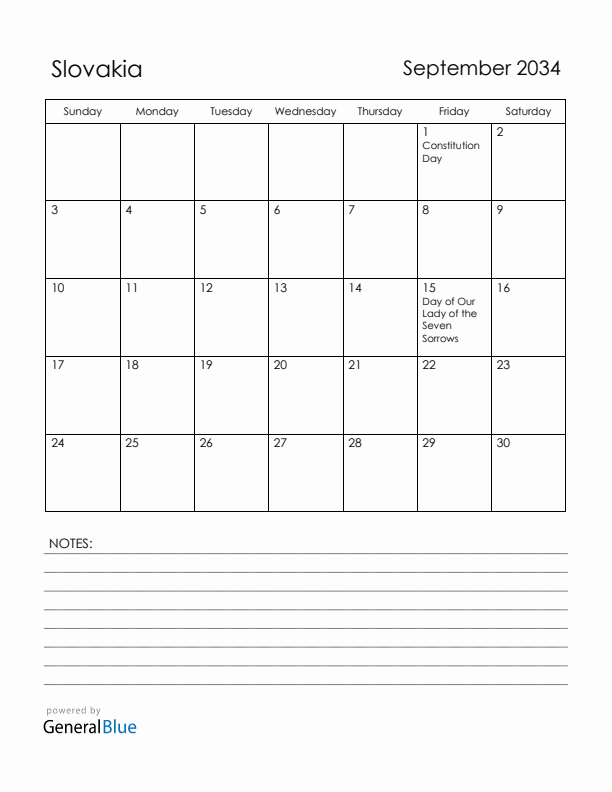 September 2034 Slovakia Calendar with Holidays (Sunday Start)