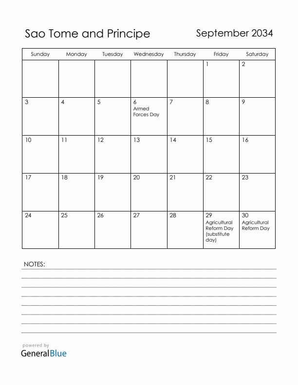 September 2034 Sao Tome and Principe Calendar with Holidays (Sunday Start)