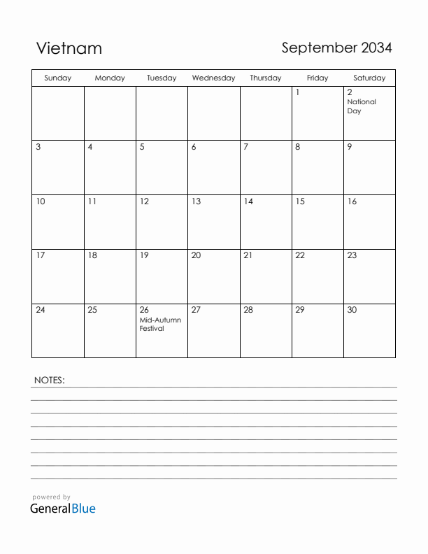 September 2034 Vietnam Calendar with Holidays (Sunday Start)