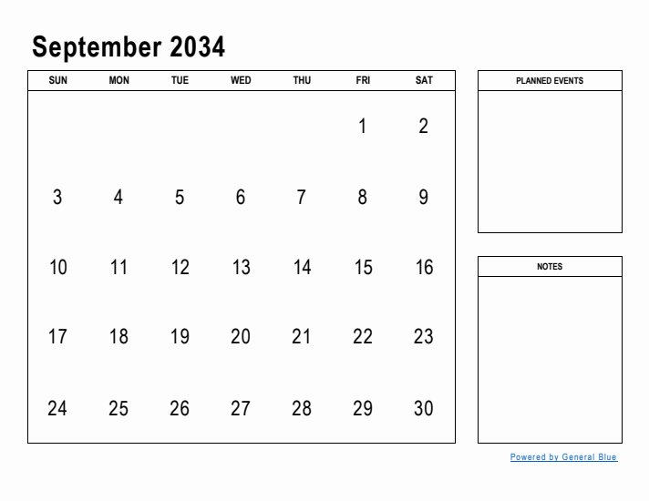 September 2034 Calendar Planner