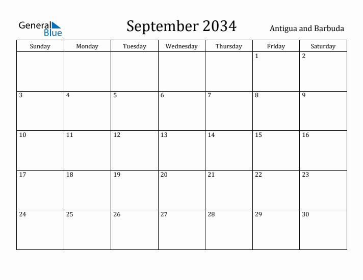 September 2034 Calendar Antigua and Barbuda