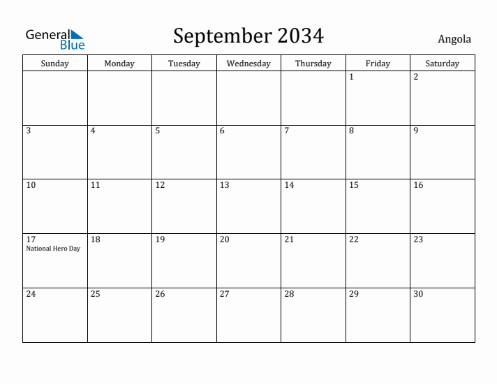 September 2034 Calendar Angola