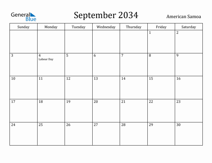 September 2034 Calendar American Samoa
