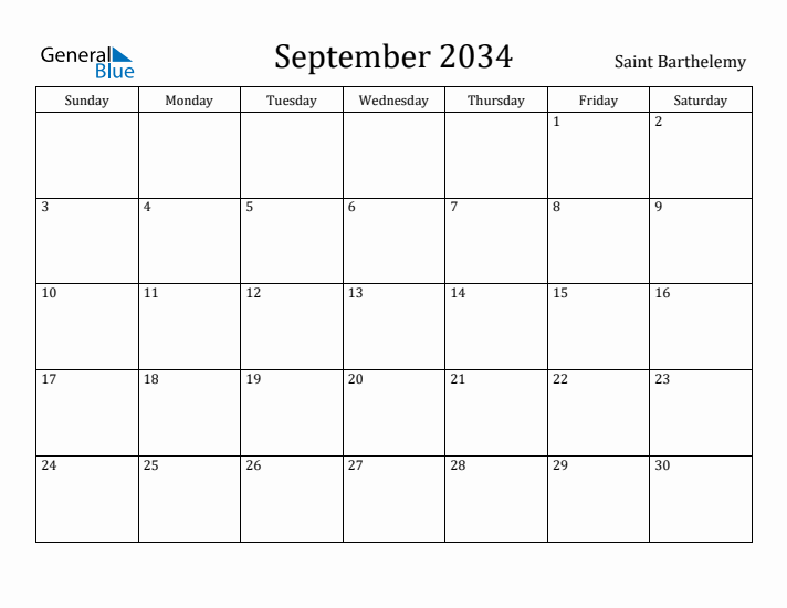 September 2034 Calendar Saint Barthelemy