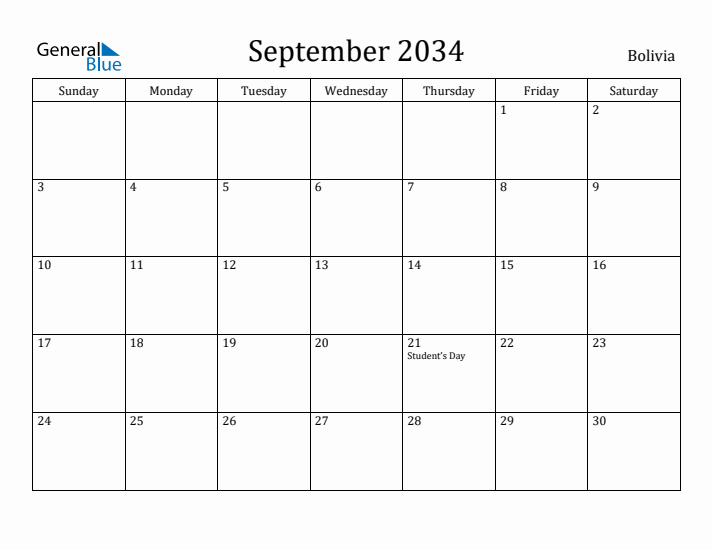 September 2034 Calendar Bolivia