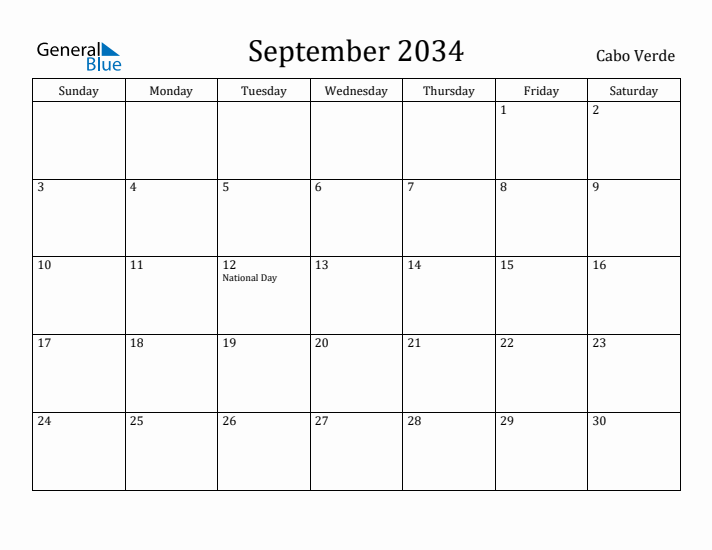 September 2034 Calendar Cabo Verde
