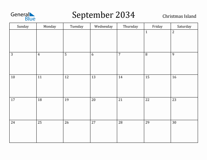 September 2034 Calendar Christmas Island