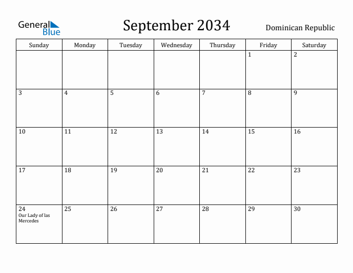 September 2034 Calendar Dominican Republic