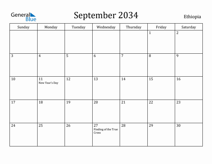September 2034 Calendar Ethiopia