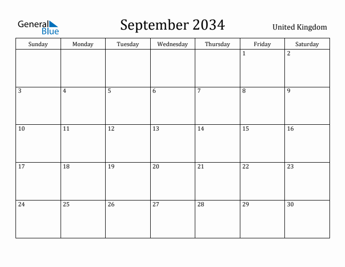 September 2034 Calendar United Kingdom