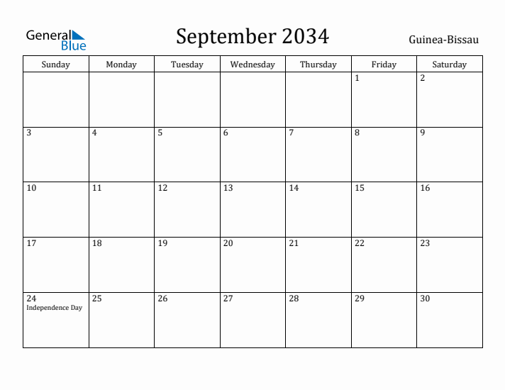 September 2034 Calendar Guinea-Bissau