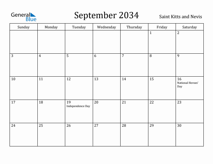 September 2034 Calendar Saint Kitts and Nevis