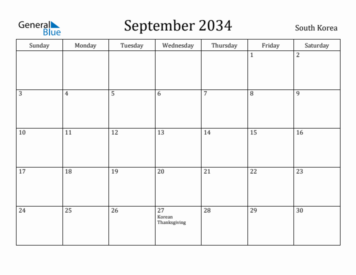 September 2034 Calendar South Korea