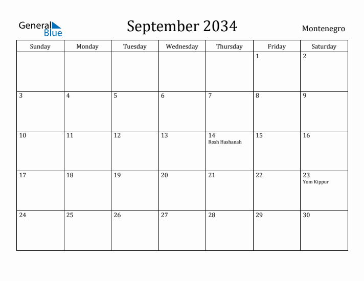 September 2034 Calendar Montenegro
